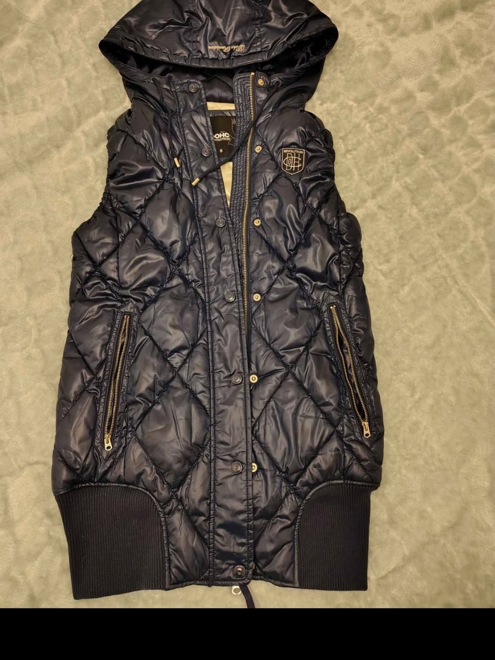 Quilted Hooded Puffer Vest in Navy with Gold Accents